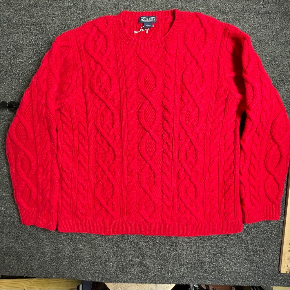 Lands End Wool Chunky Cable Knit Fisherman Red Sweater Mens Sz Lg Vtg